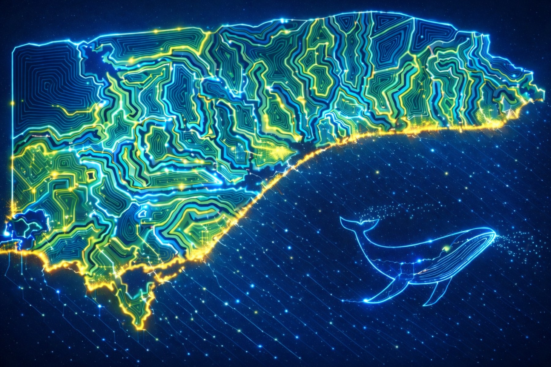 Luminous circuit-like map of Gippsland with a glowing whale in a deep night sky